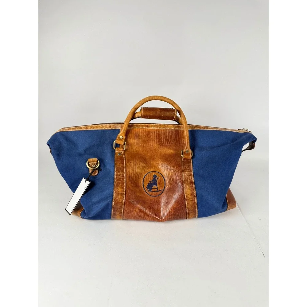 F.H. Wadsworth NYC Canvas Leather Duffle Bag Navy Blue Lizard Embossed Travel